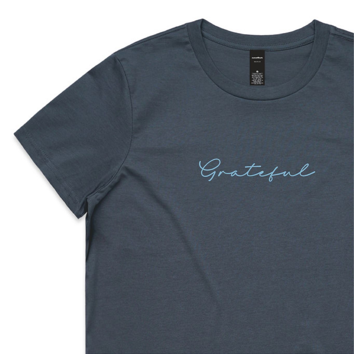 Blue t-shirt with 'Grateful' text on a white background