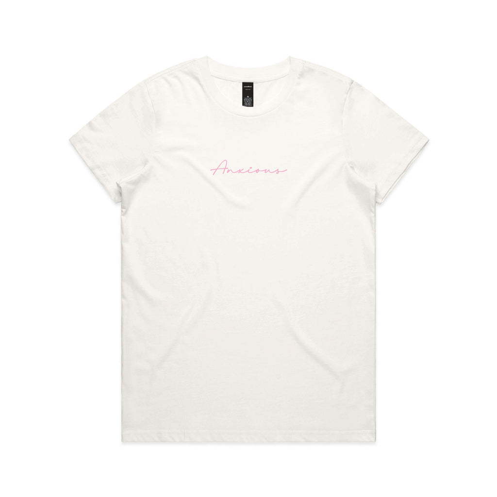 White t-shirt with pink text on a white background
