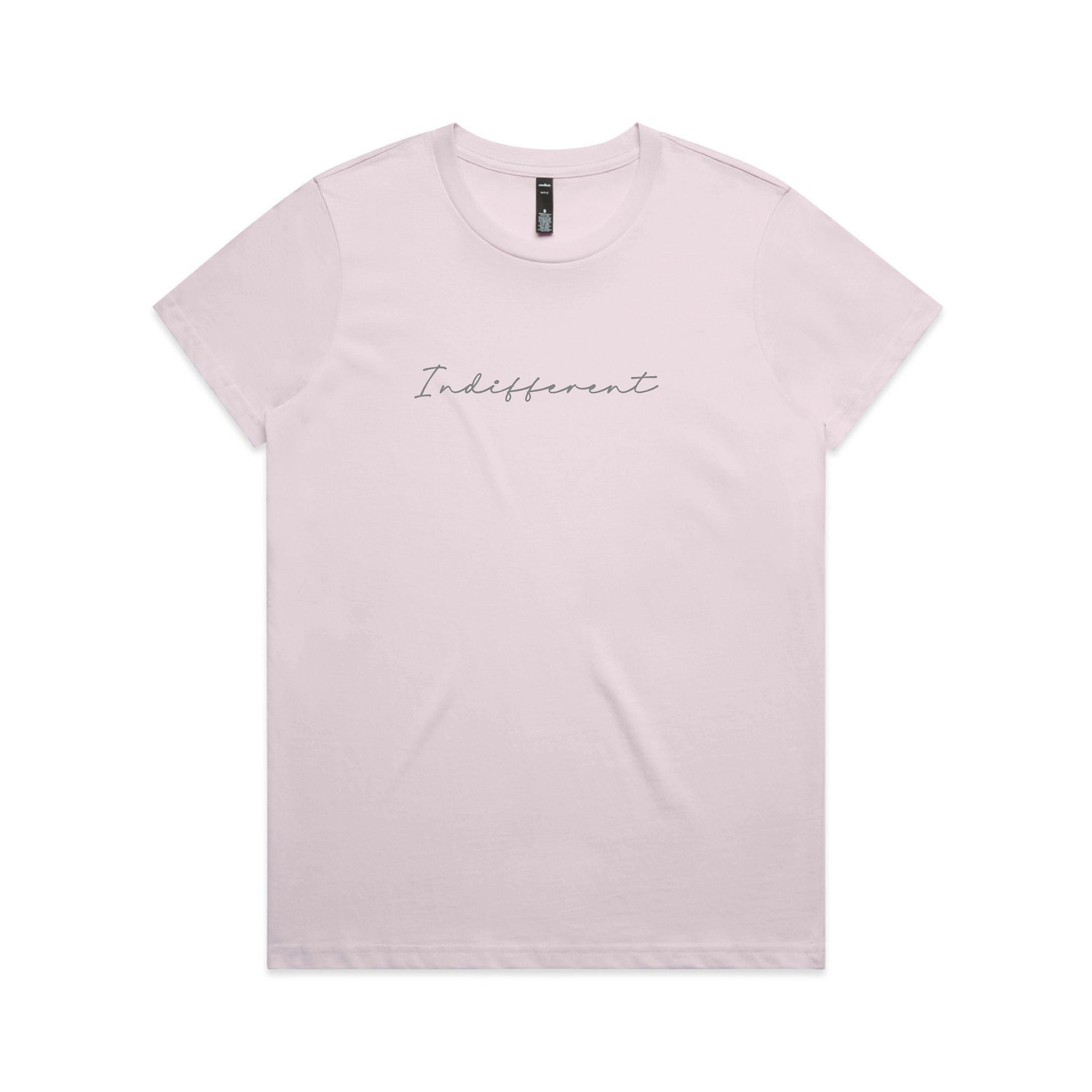 Light pink t-shirt with 'Indifferent' text on a white background