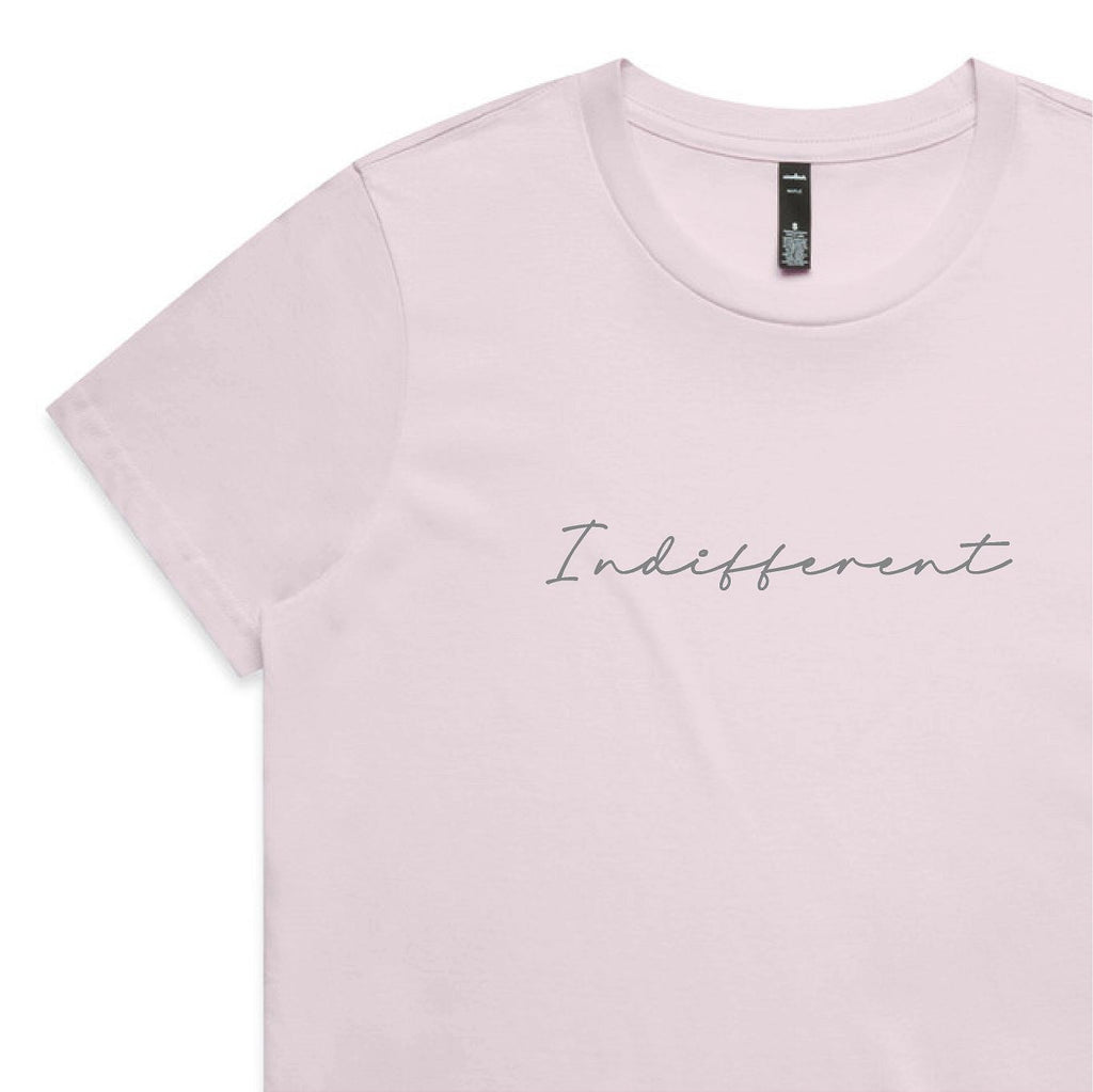 Light pink t-shirt with 'Indifferent' text on a white background