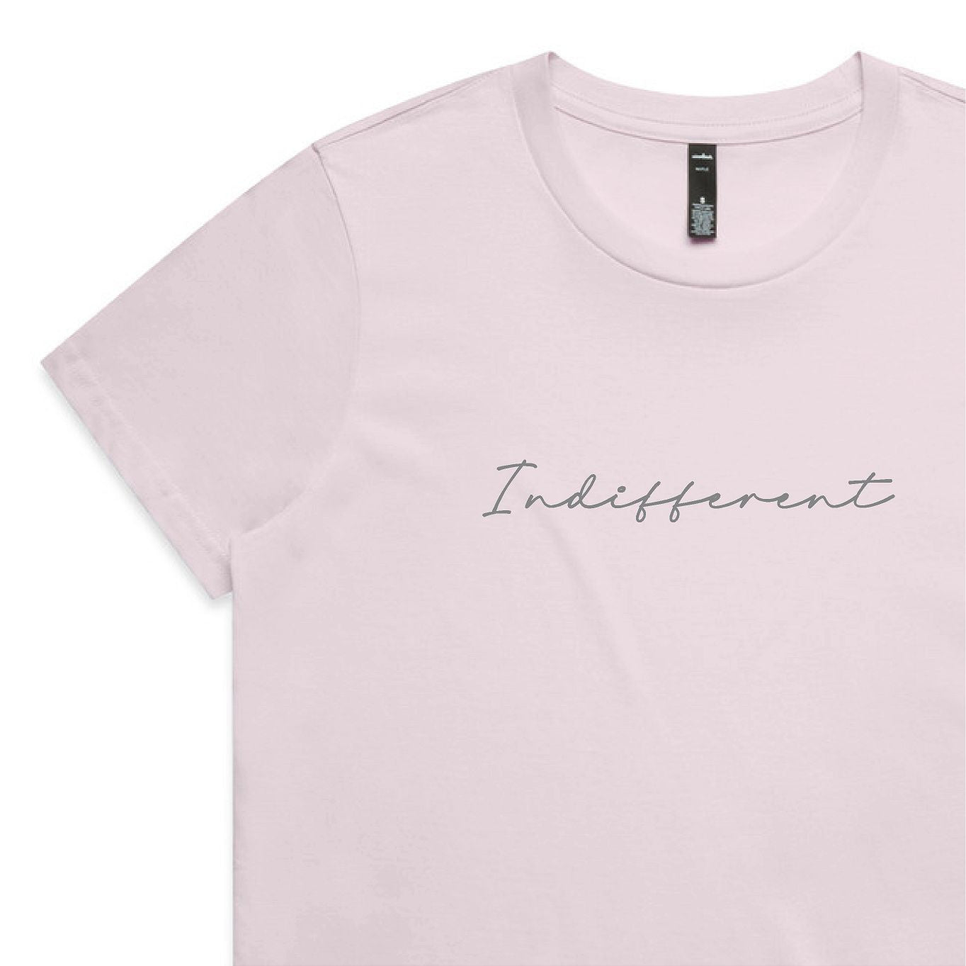 Light pink t-shirt with 'Indifferent' text on a white background