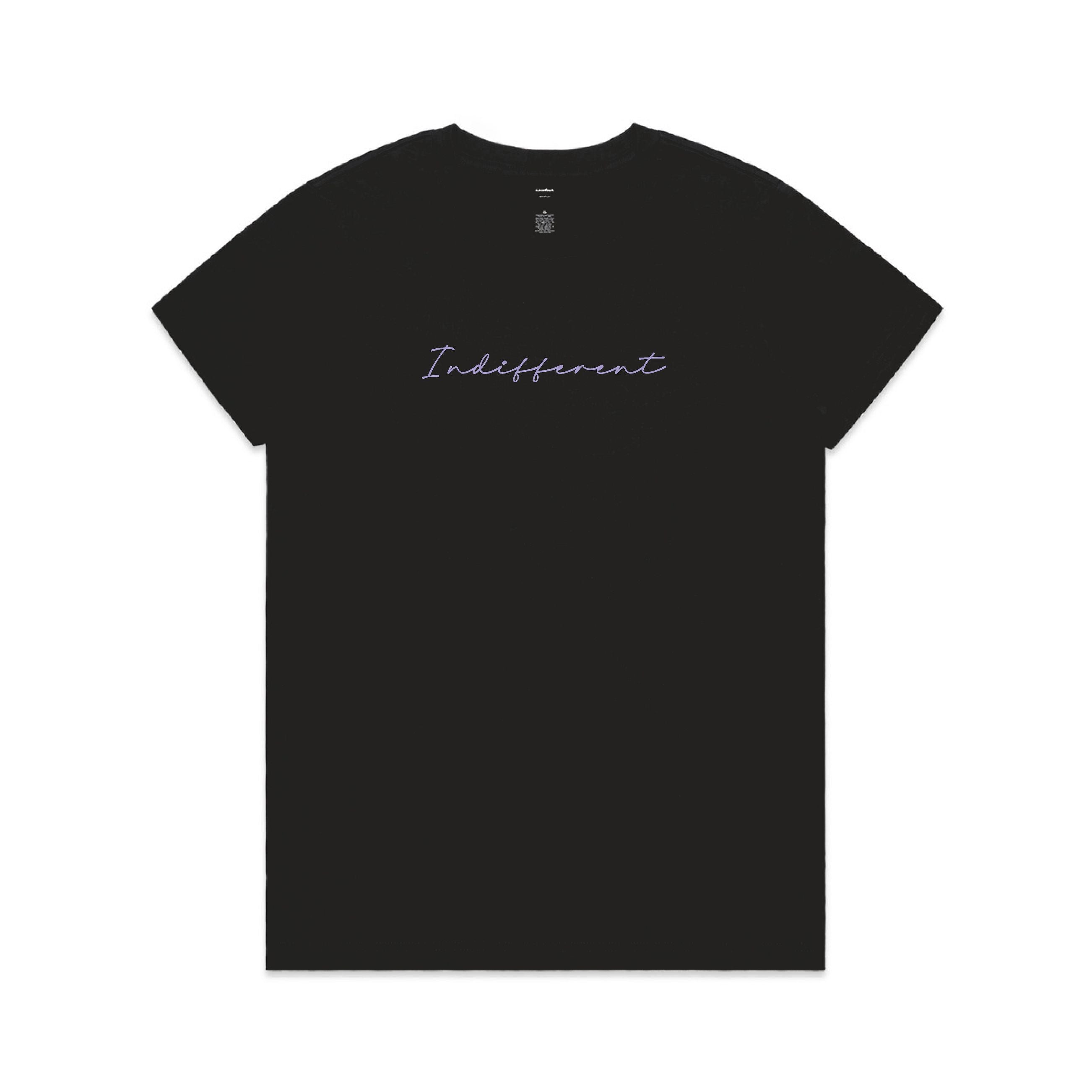 Black t-shirt with 'Indifferent' text on a white background