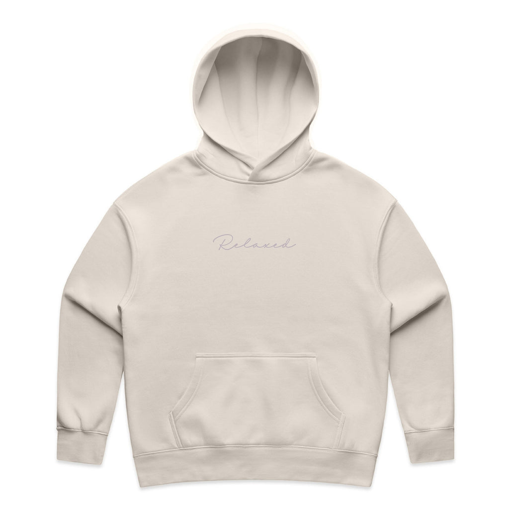 Beige hoodie with 'Relaxed' text on a white background