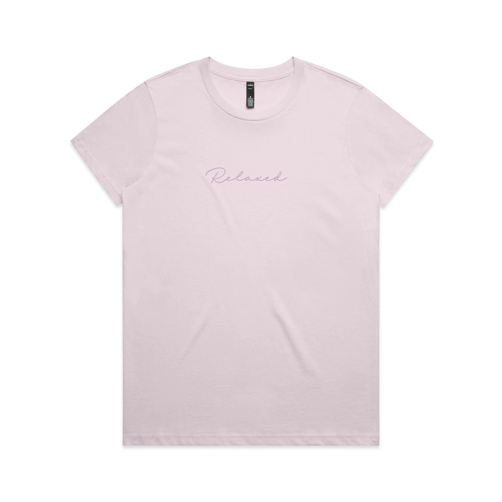 Light pink t-shirt with 'Relaxed' text on a white background
