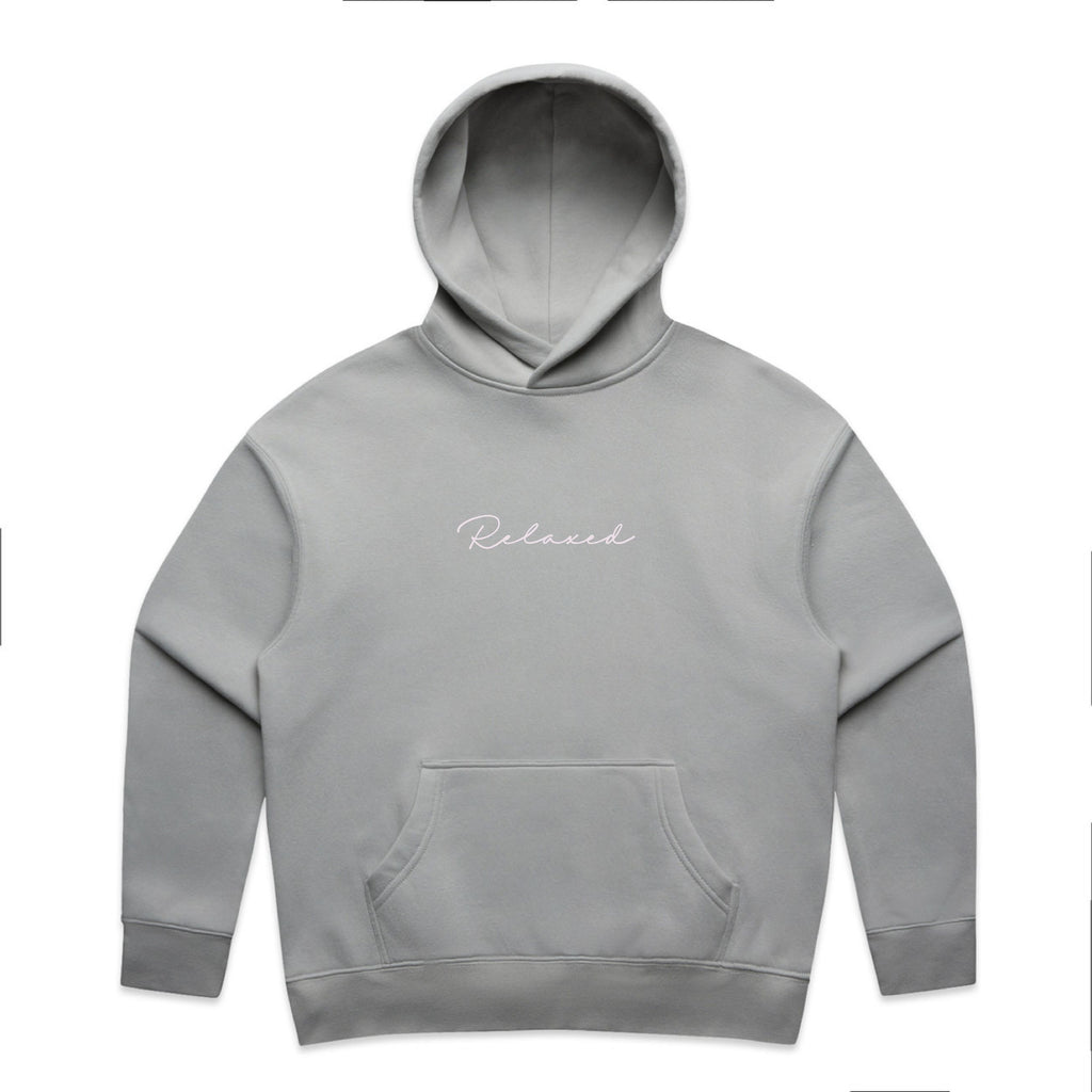 Gray hoodie with 'Relaxed' text on a white background