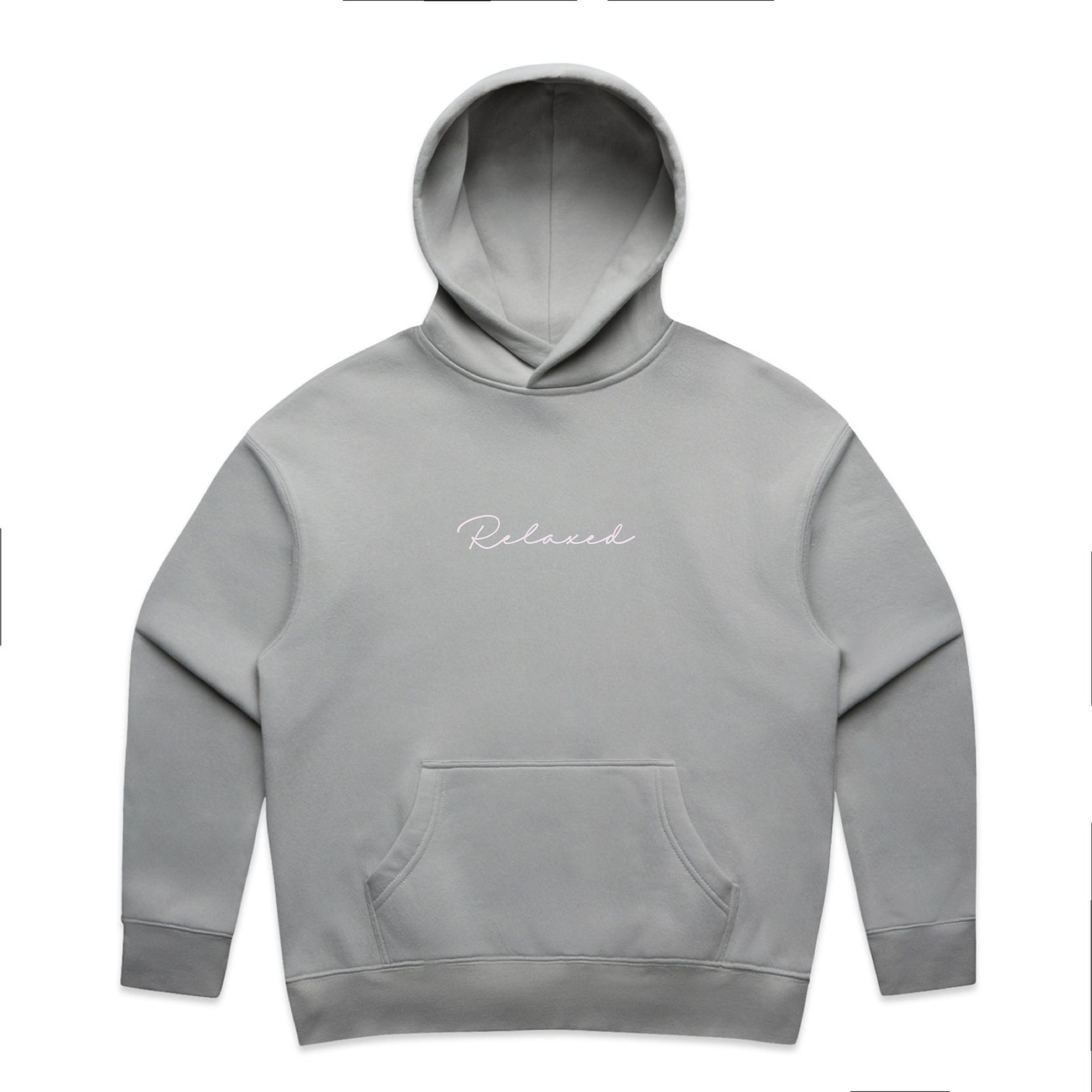 Gray hoodie with 'Relaxed' text on a white background