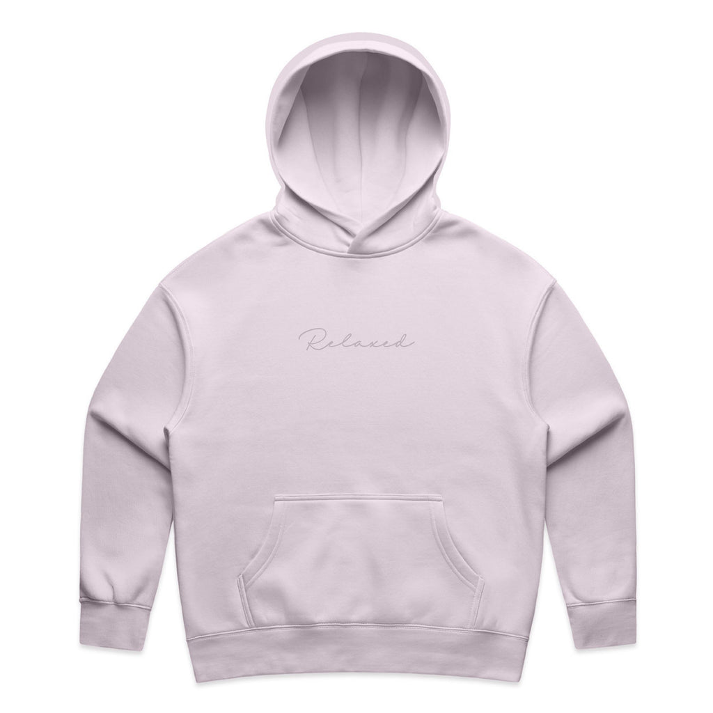 Light purple hoodie with 'Relaxed' text on a white background