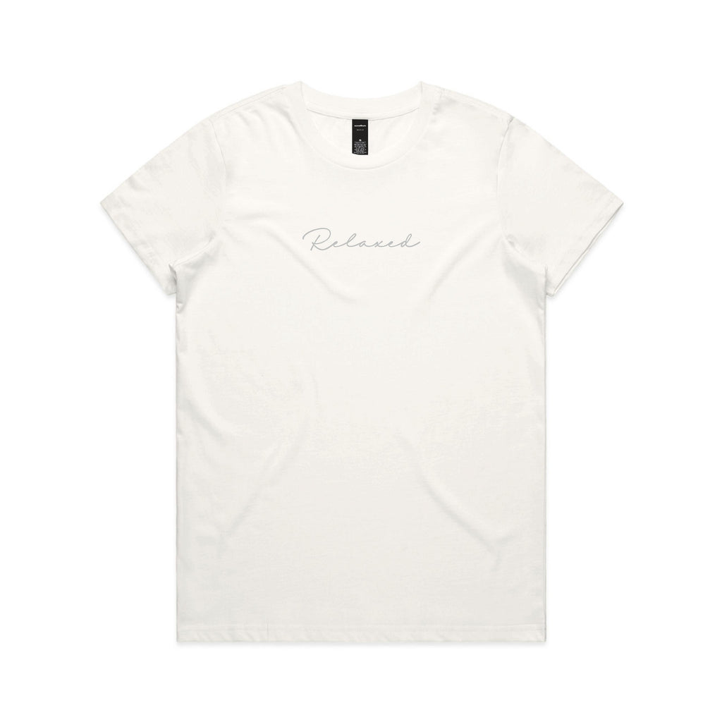 White t-shirt with 'Relaxed' text on a white background