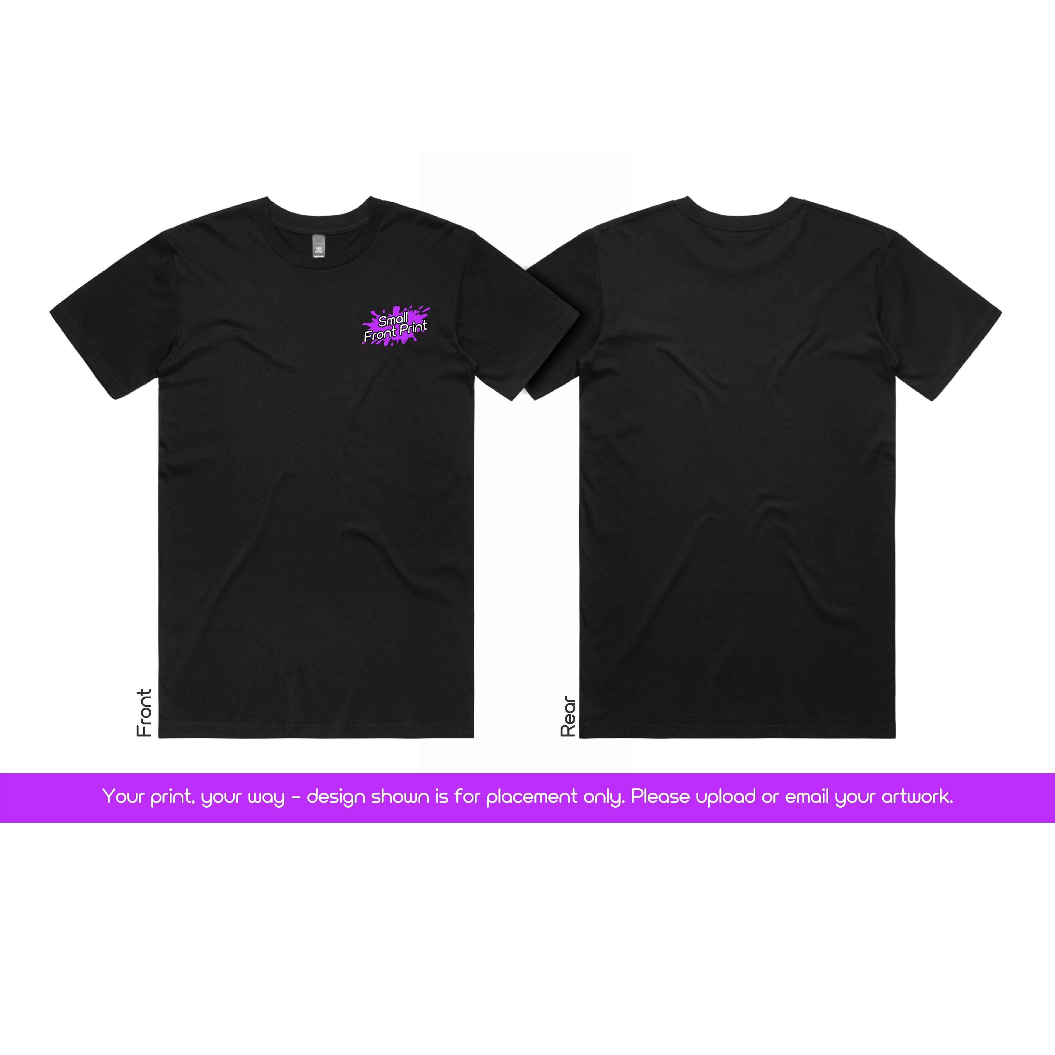 Black t-shirt with a purple logo on the front, shown from front and back views.