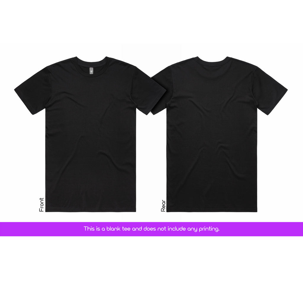 Black t-shirt shown from front and back on a white background with a purple banner at the bottom.