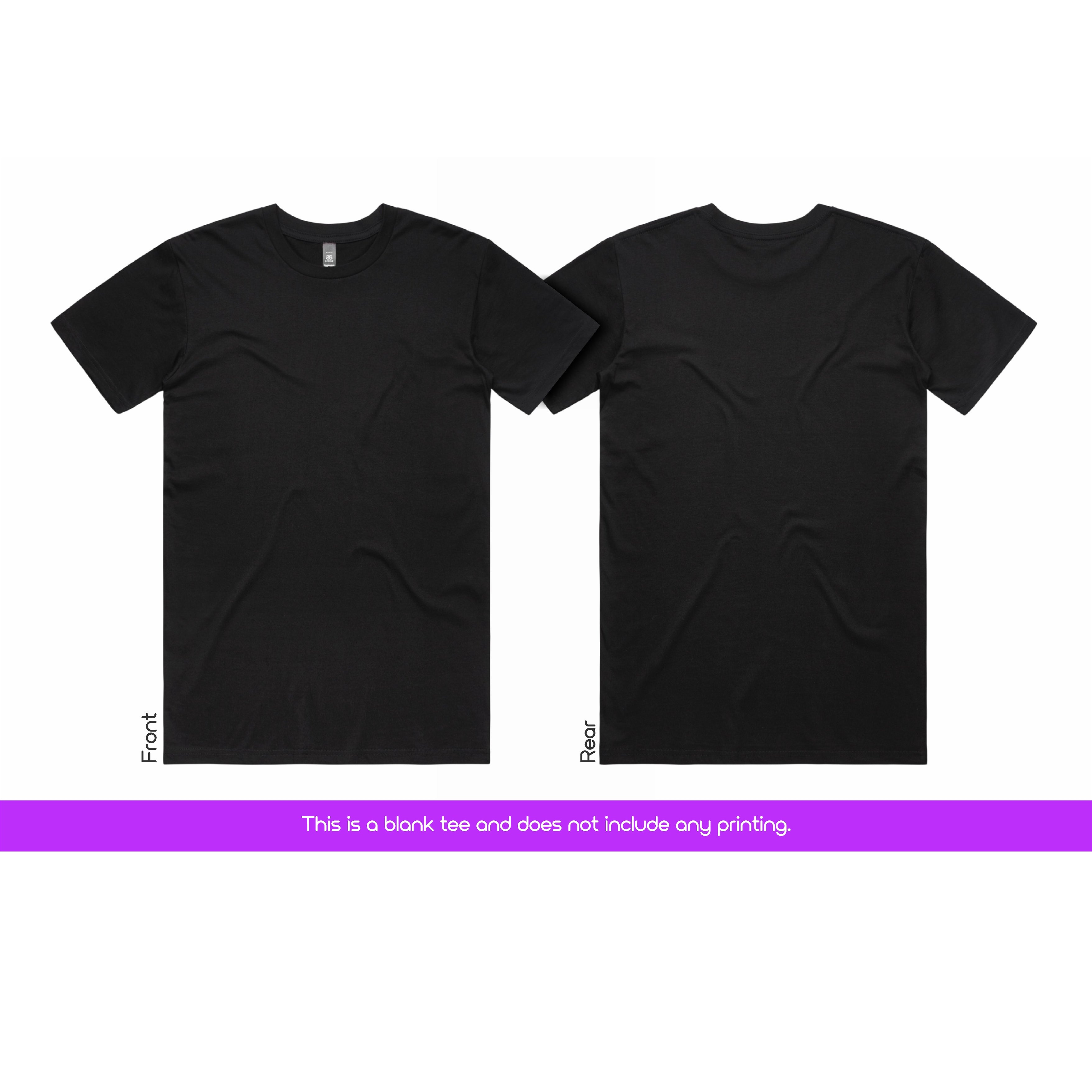 Black t-shirt shown from front and back on a white background with a purple banner at the bottom.