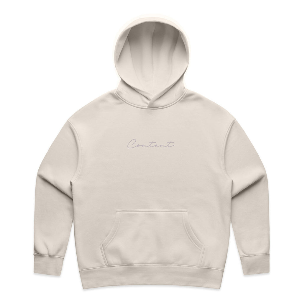 Beige hoodie with 'Content' text on a white background