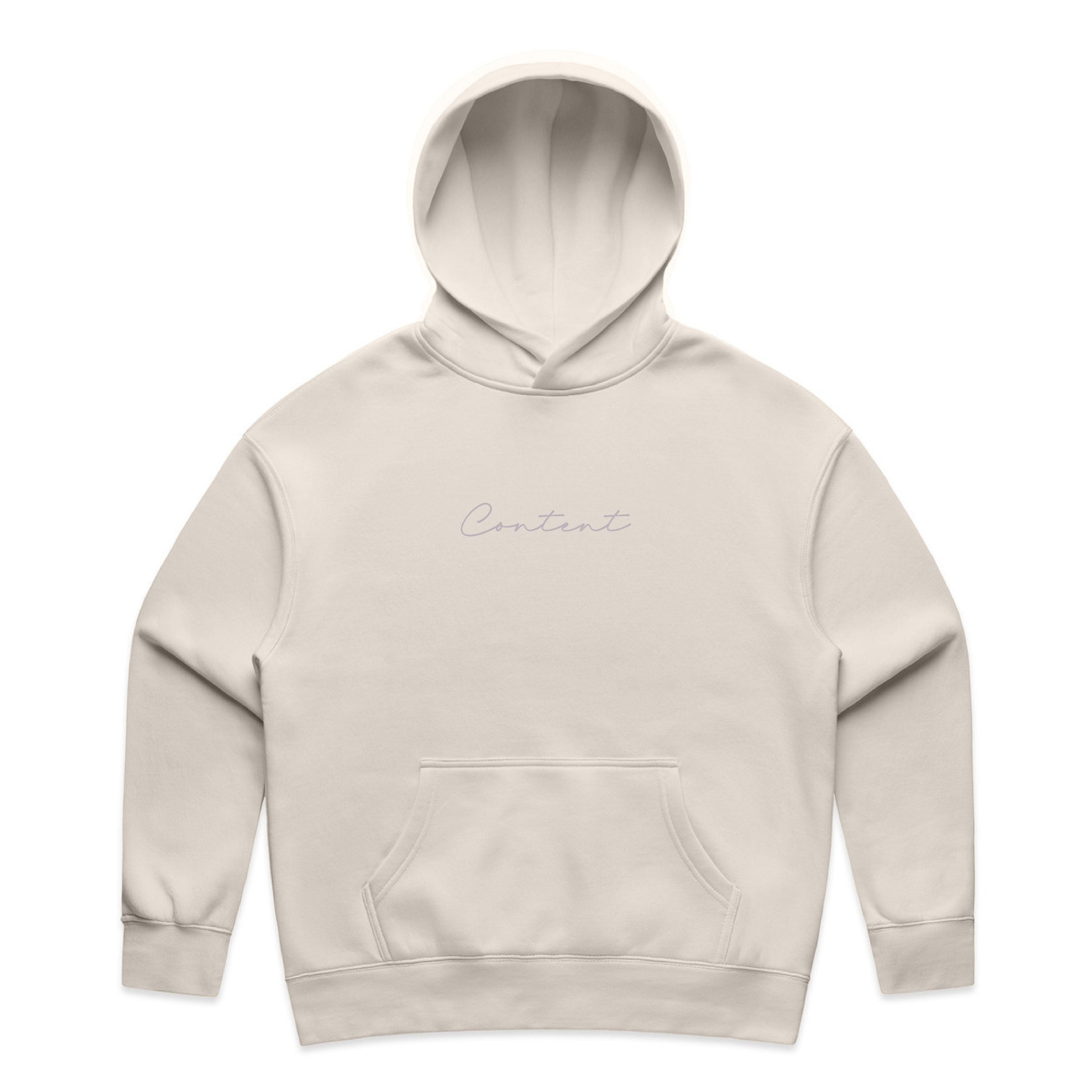 Beige hoodie with 'Content' text on a white background