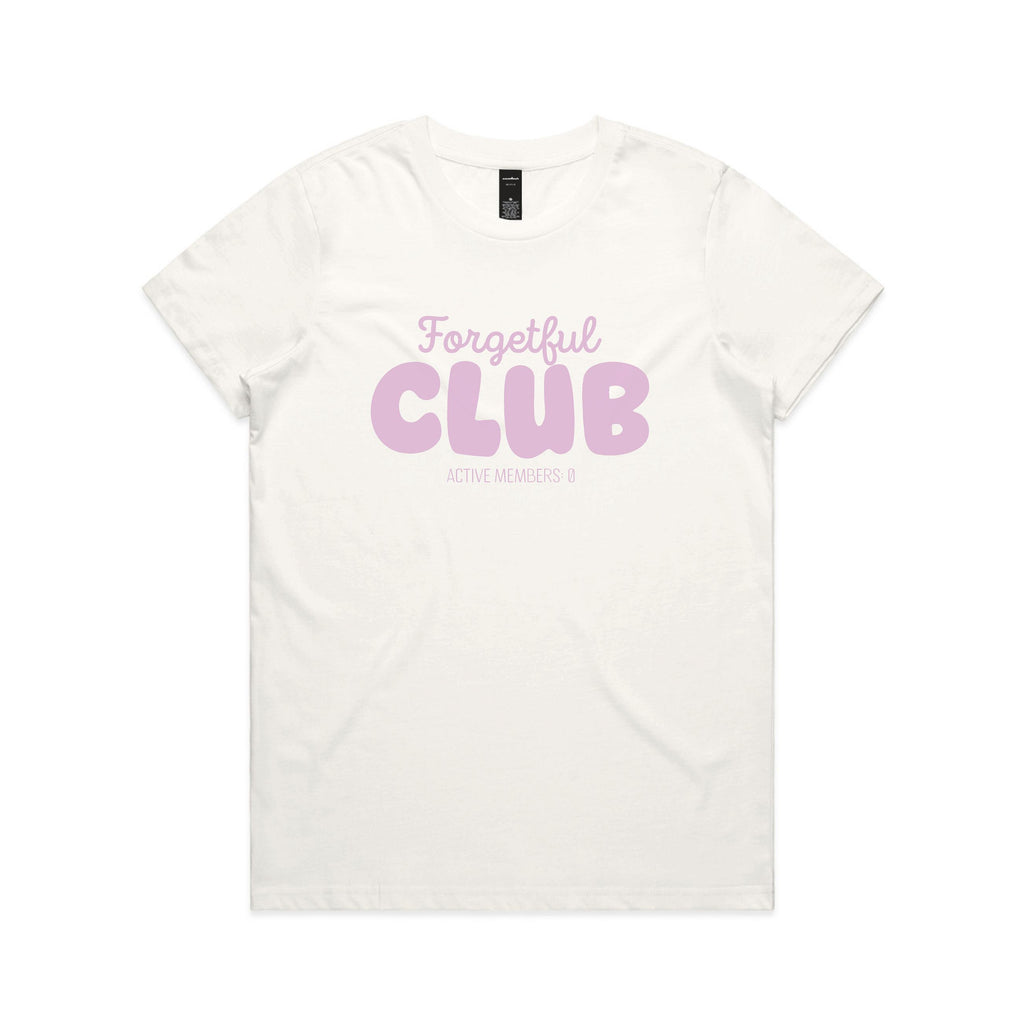 An off-white short-sleeve t-shirt with a light pink graphic text print reading 'Forgetful CLUB' and 'ACTIVE MEMBERS' on the front, displayed against a solid white background.