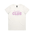An off-white short-sleeve t-shirt with a light pink graphic text print reading 'Forgetful CLUB' and 'ACTIVE MEMBERS' on the front, displayed against a solid white background.