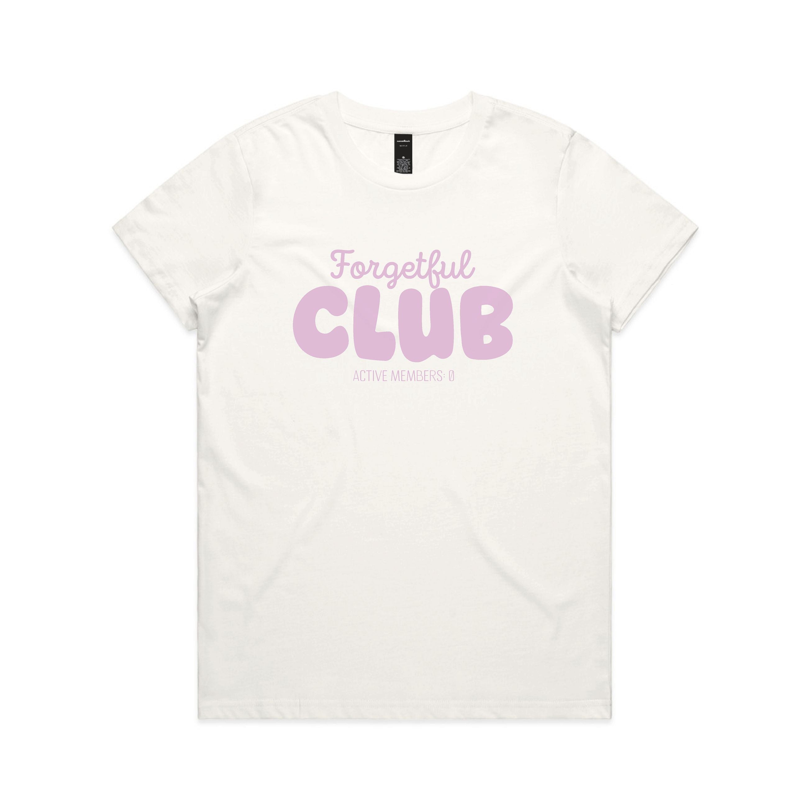 An off-white short-sleeve t-shirt with a light pink graphic text print reading 'Forgetful CLUB' and 'ACTIVE MEMBERS' on the front, displayed against a solid white background.