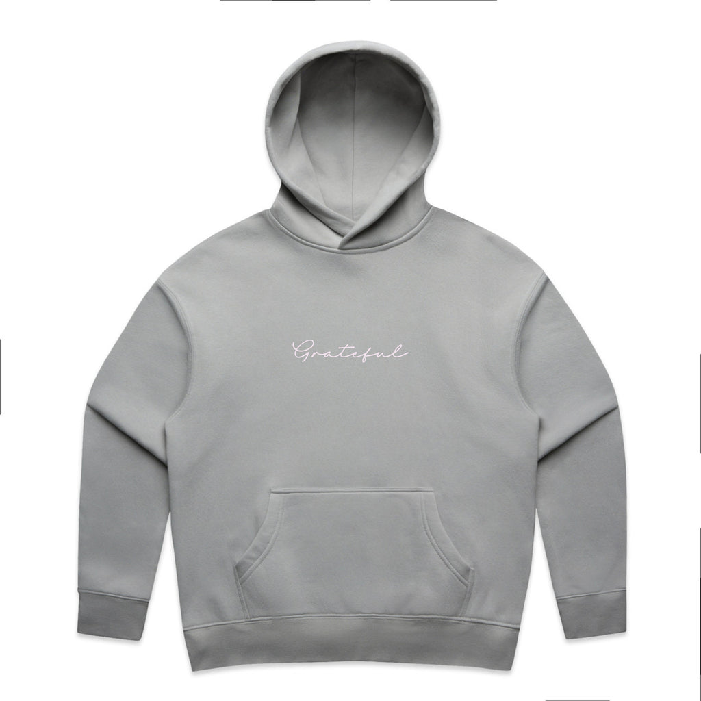 Gray hoodie with 'Grateful' text on a white background