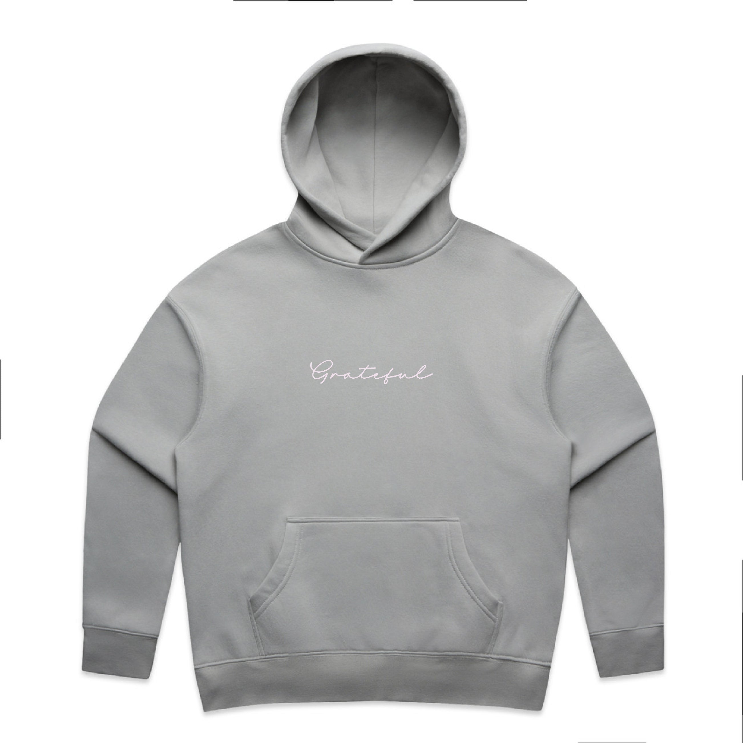 Gray hoodie with 'Grateful' text on a white background