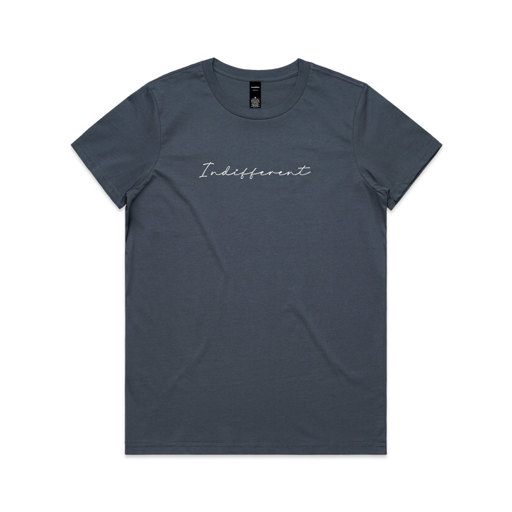 Gray t-shirt with 'Indifferent' text on a white background