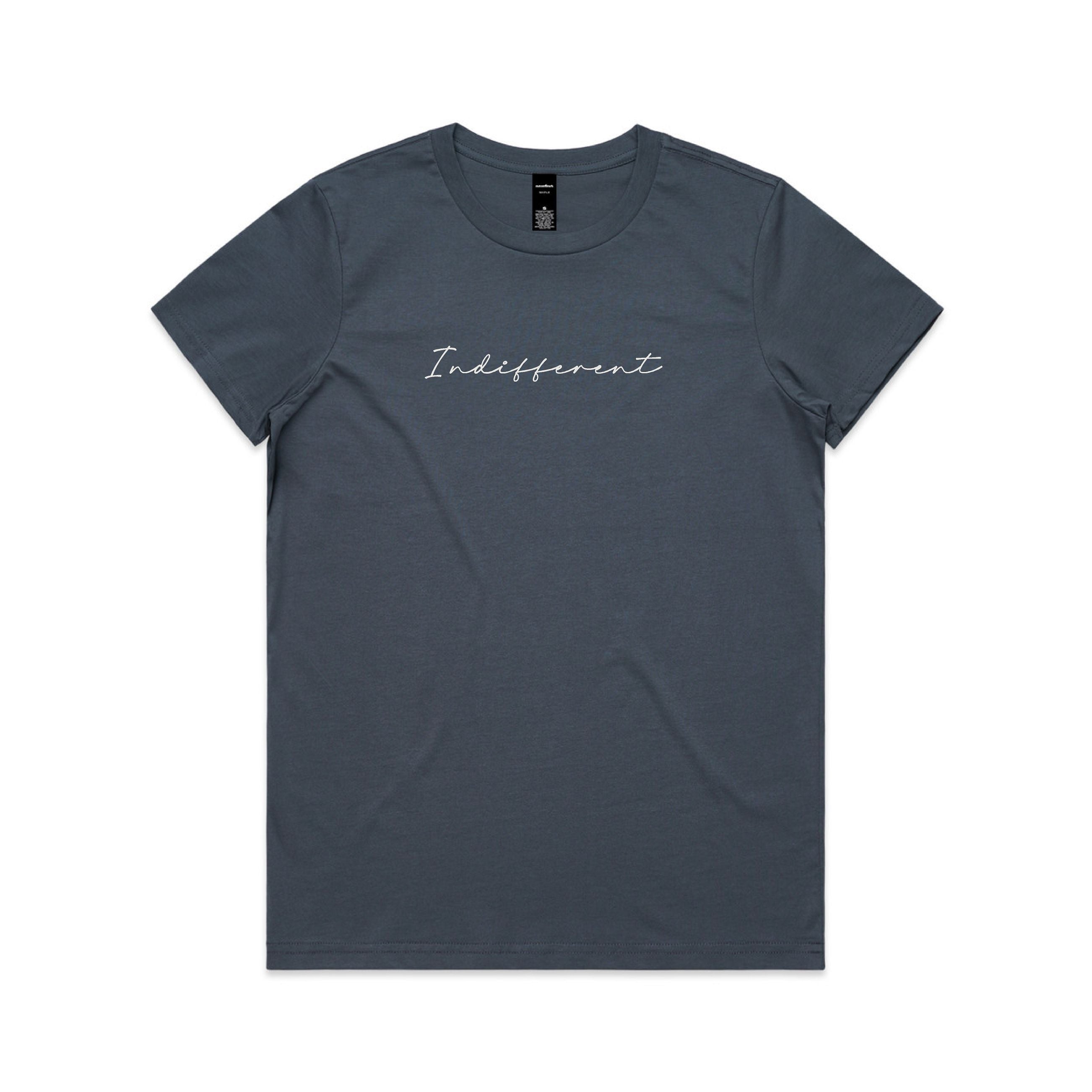 Gray t-shirt with 'Indifferent' text on a white background