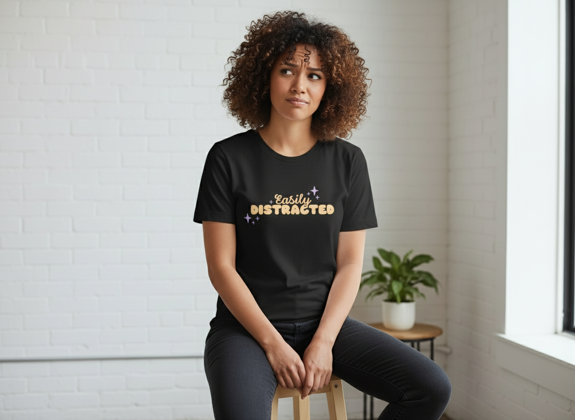 Lifestyle photo of woman with confused expression wearing black t-shirt