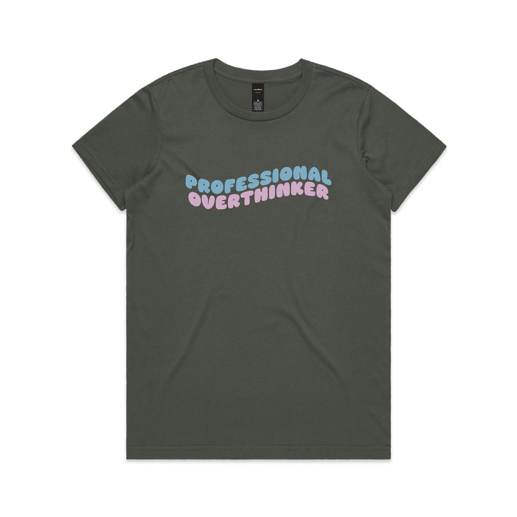 Dark gray t-shirt with 'Professional Overthinker' text on a white background