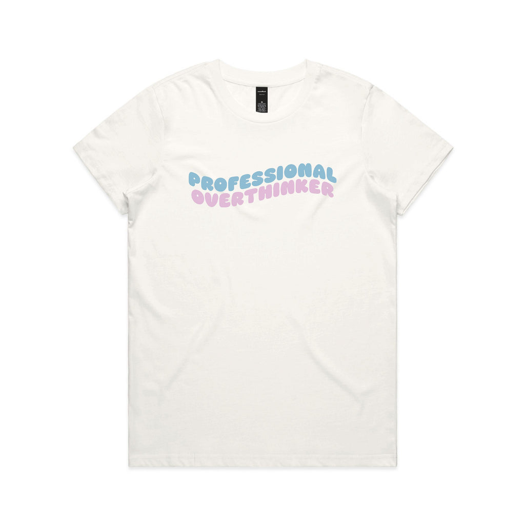 White t-shirt with 'Professional Overthinker' text on a white background