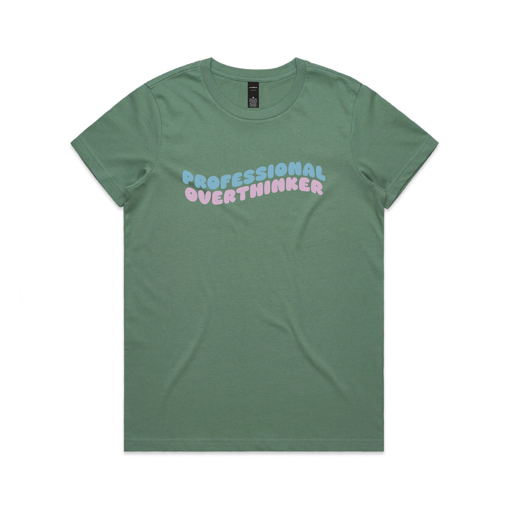 Green t-shirt with 'Professional Overthinker' text on a white background