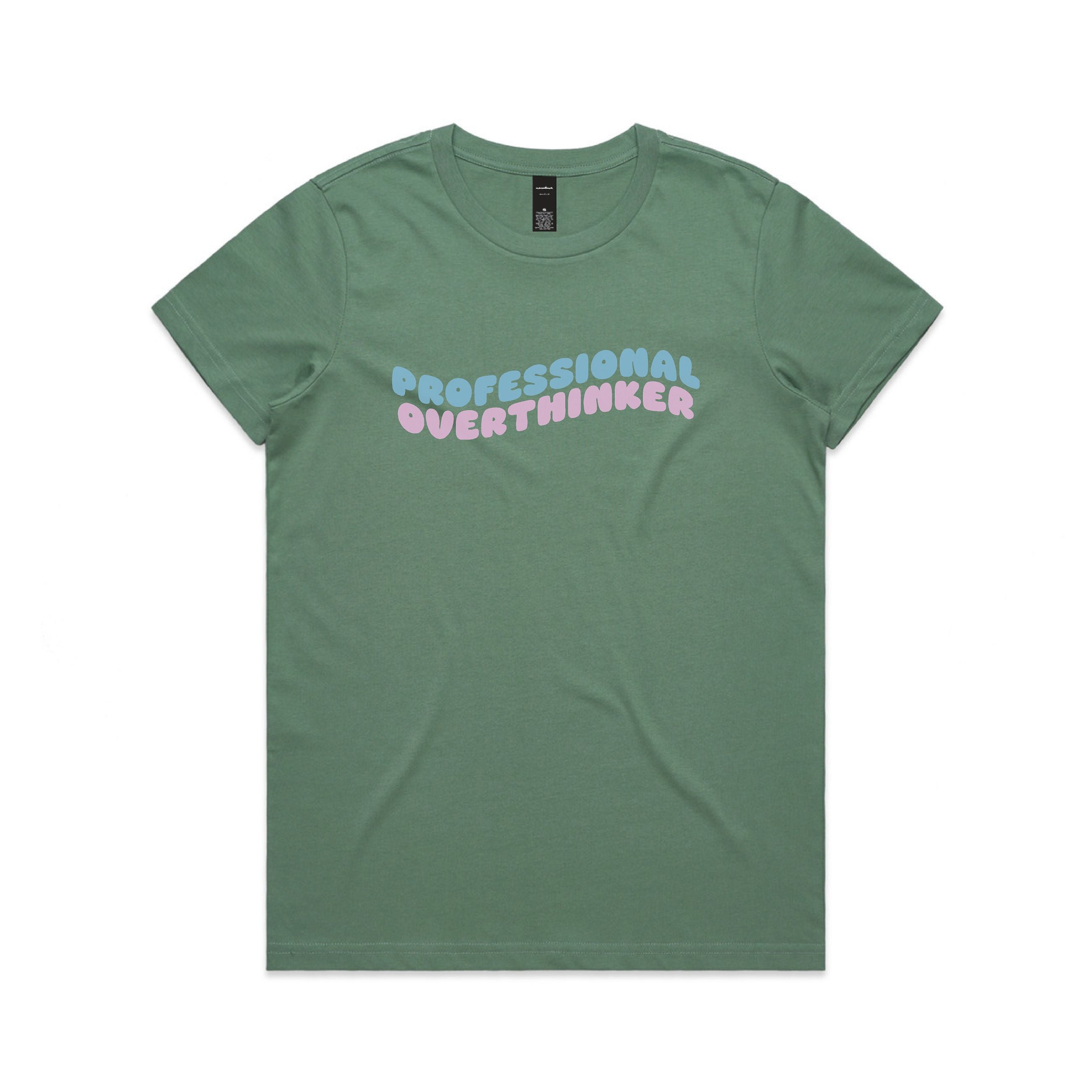Green t-shirt with 'Professional Overthinker' text on a white background