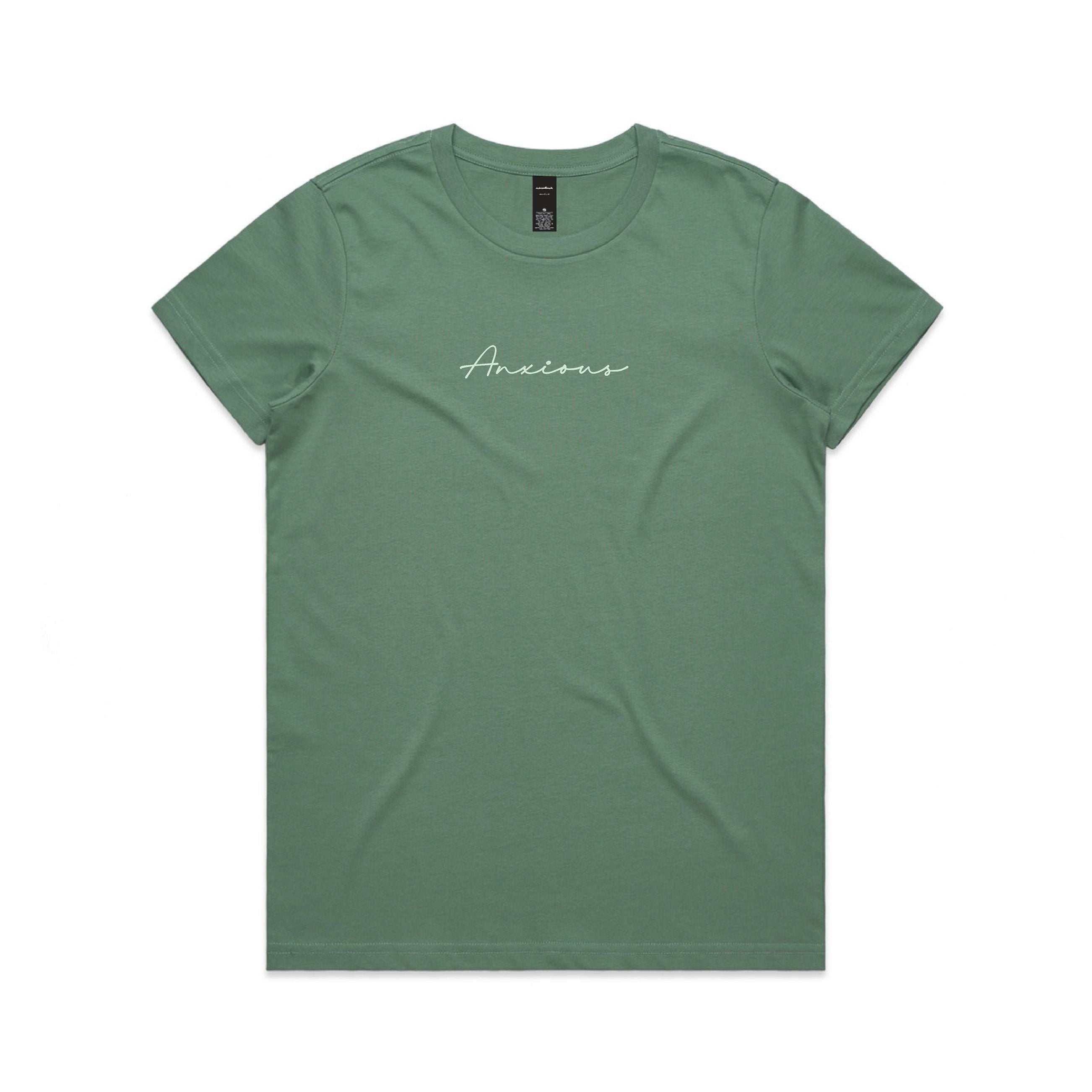 Green t-shirt with 'Anxious' text on a white background